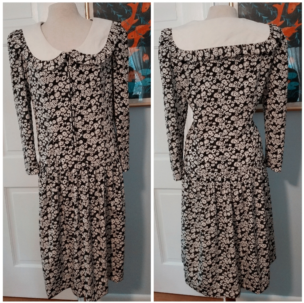 Vintage Leslie Fay Drop Waist Floral Midi Dress Grandmacore Peter Pan Collar 14